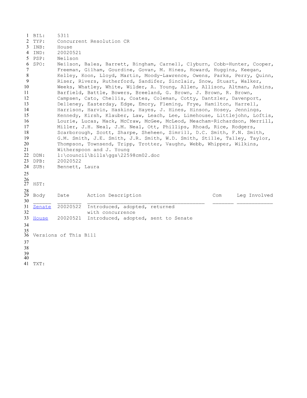 2001-2002 Bill 5311: Bennett, Laura - South Carolina Legislature Online
