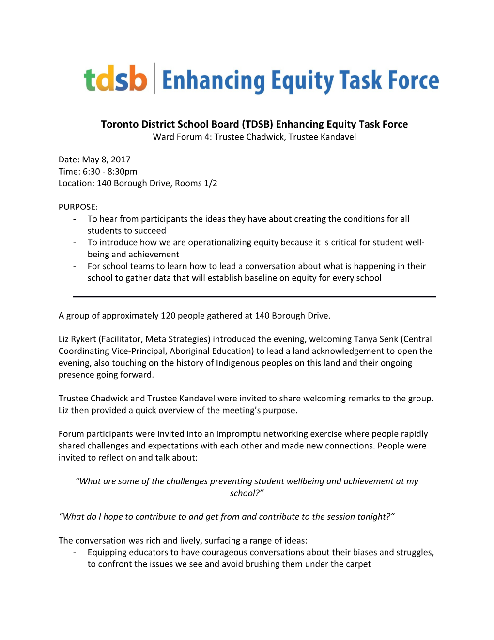 Toronto District School Board (TDSB) Enhancing Equity Task Force