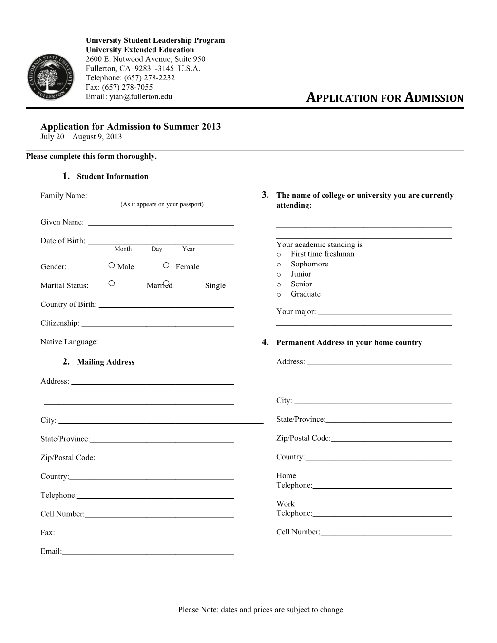 Application for Admission to Summer 2013