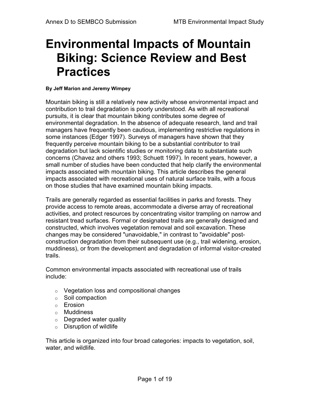 Environmental Impacts of Mountain Biking: Science Review and Best Practices