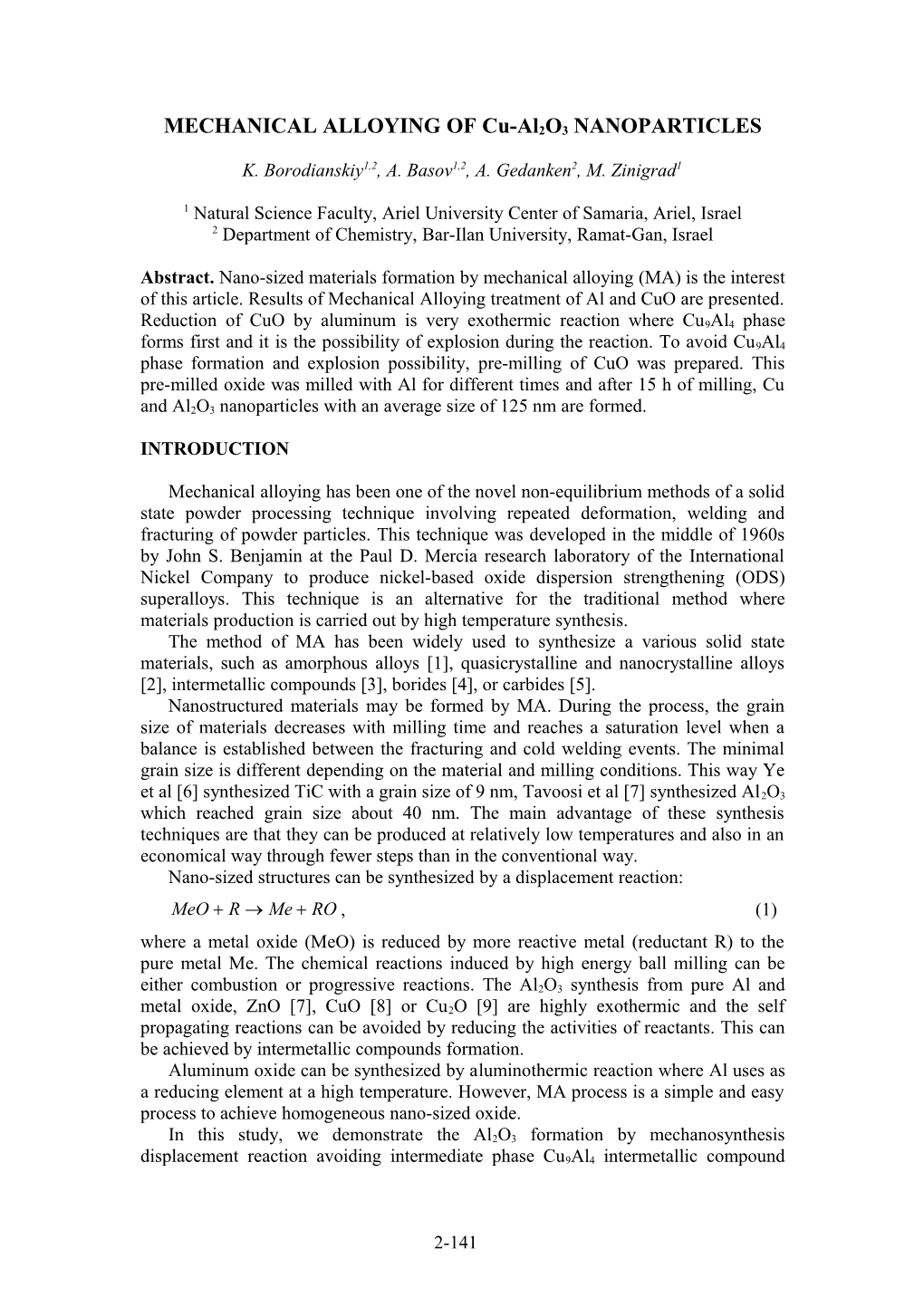 MECHANICAL ALLOYING of Cu-Al2o3 NANOPARTICLES