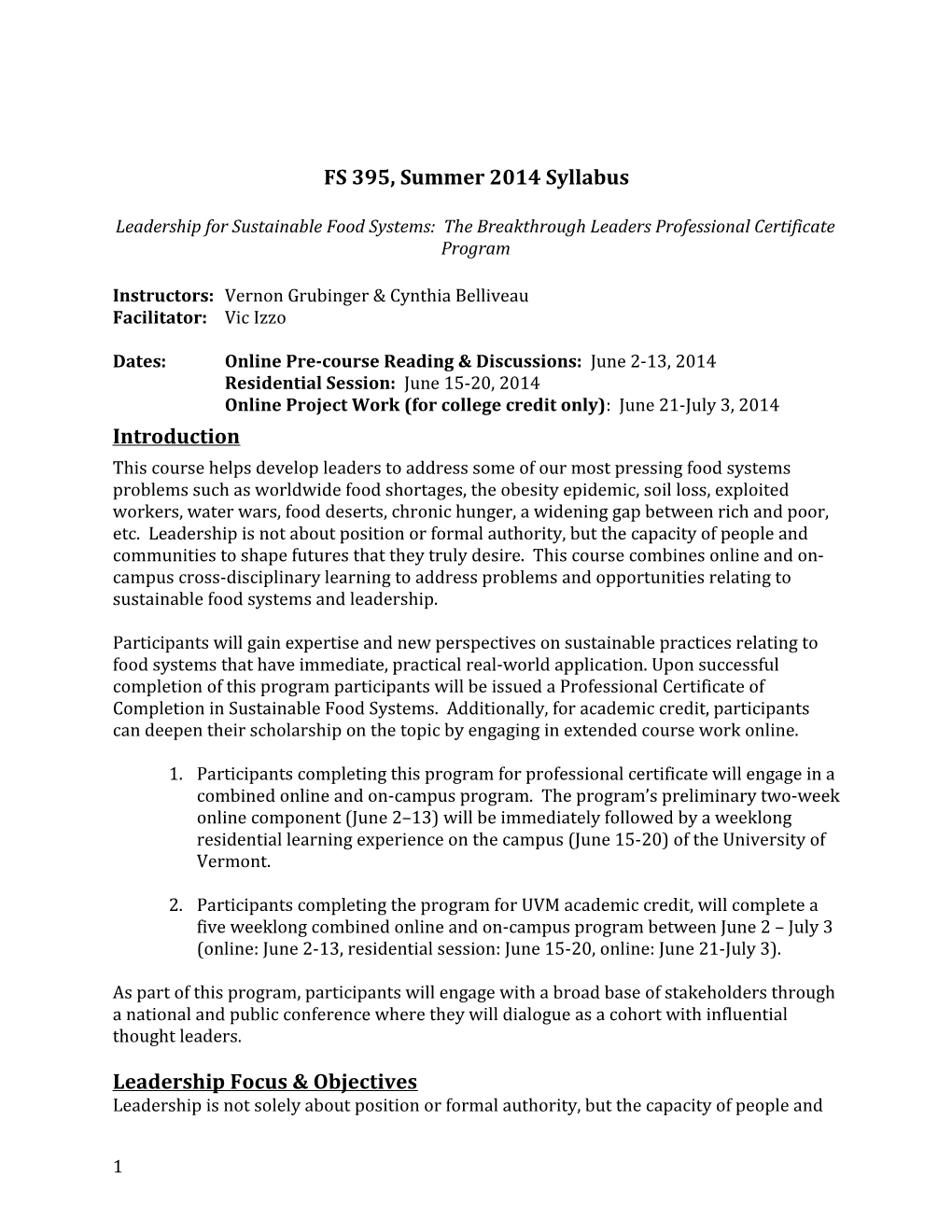 FS 395, Summer 2014 Syllabus