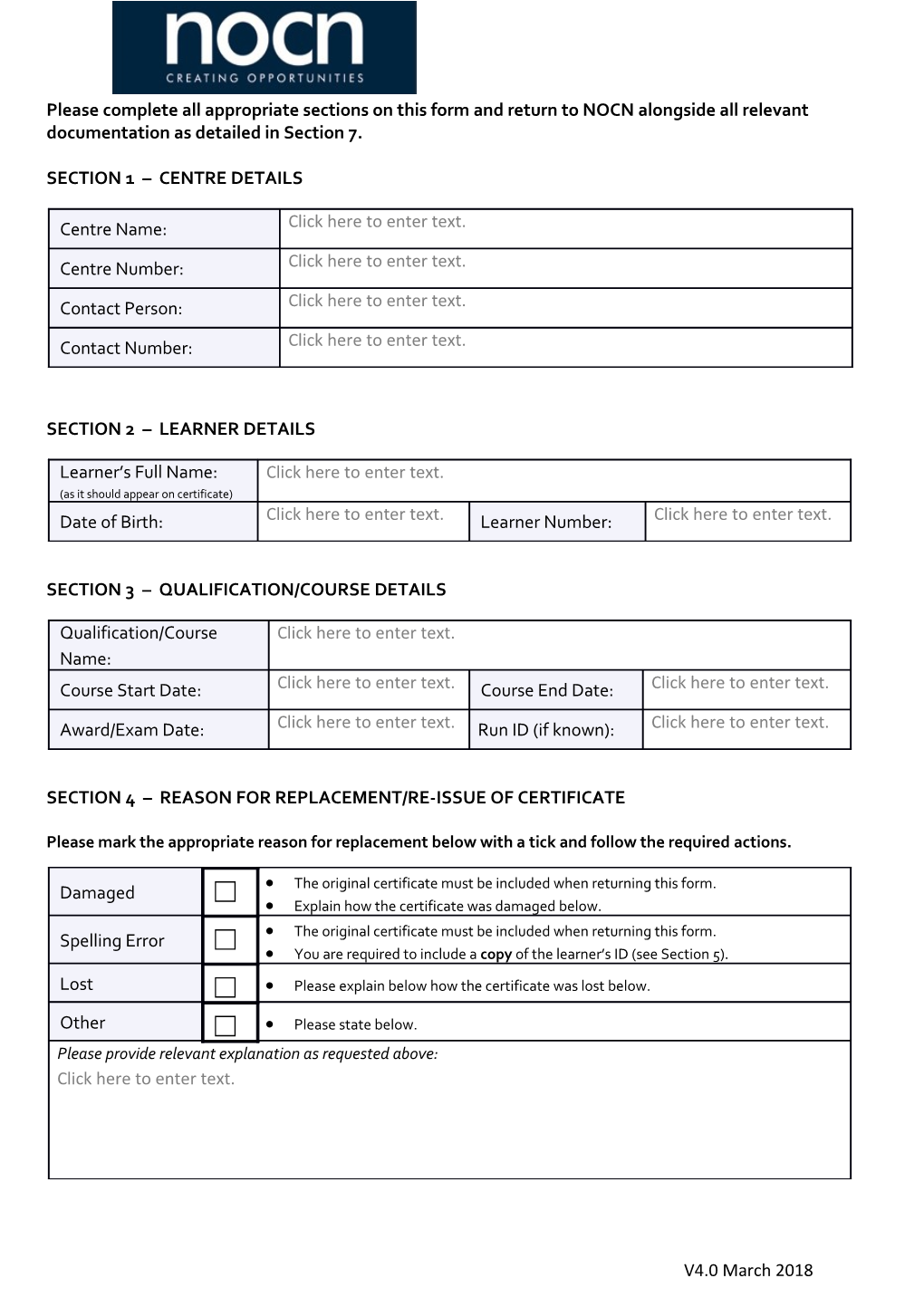 Please Complete All Appropriate Sections on This Form and Return to NOCN Alongside All