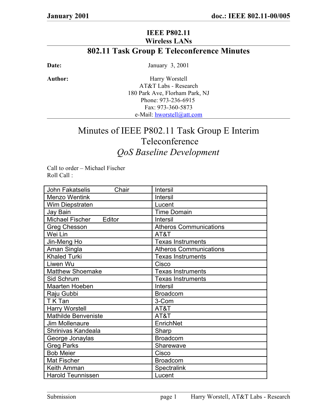 802.11 Task Group E Teleconference Minutes