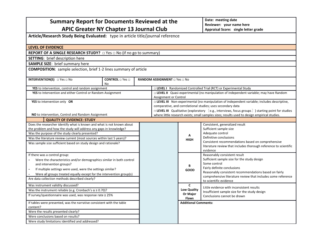 This Appraisal Tool Has Beenmodified from AORN Research Evidence Appraisal Tool Ref: Sadahiro