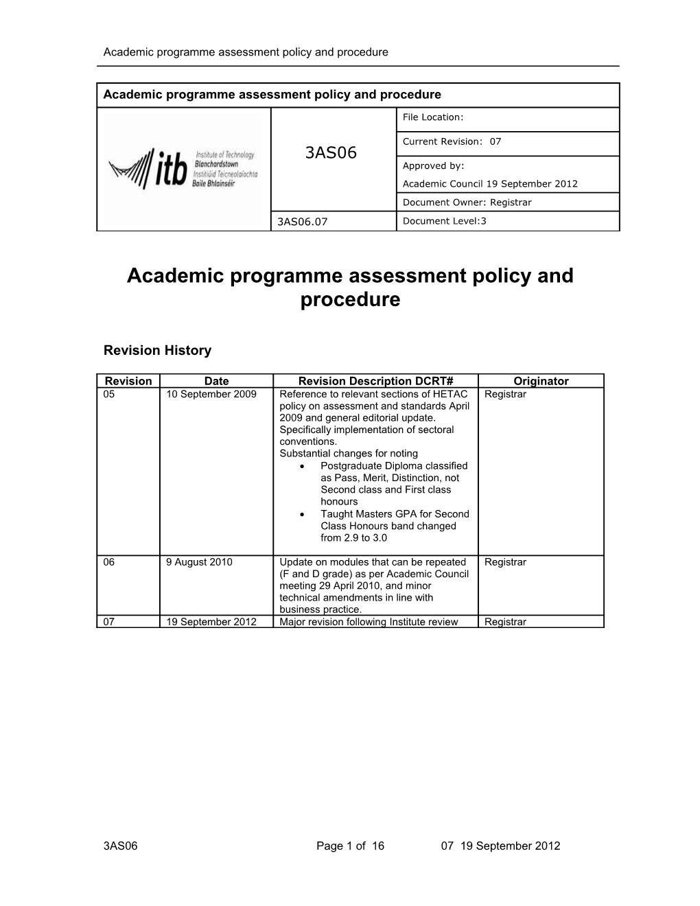 Academic Programme Assessment Policy and Procedure