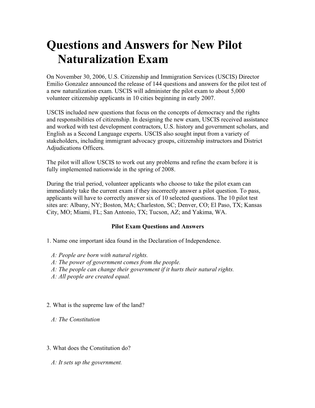 Questions and Answers for New Pilot Naturalization Exam
