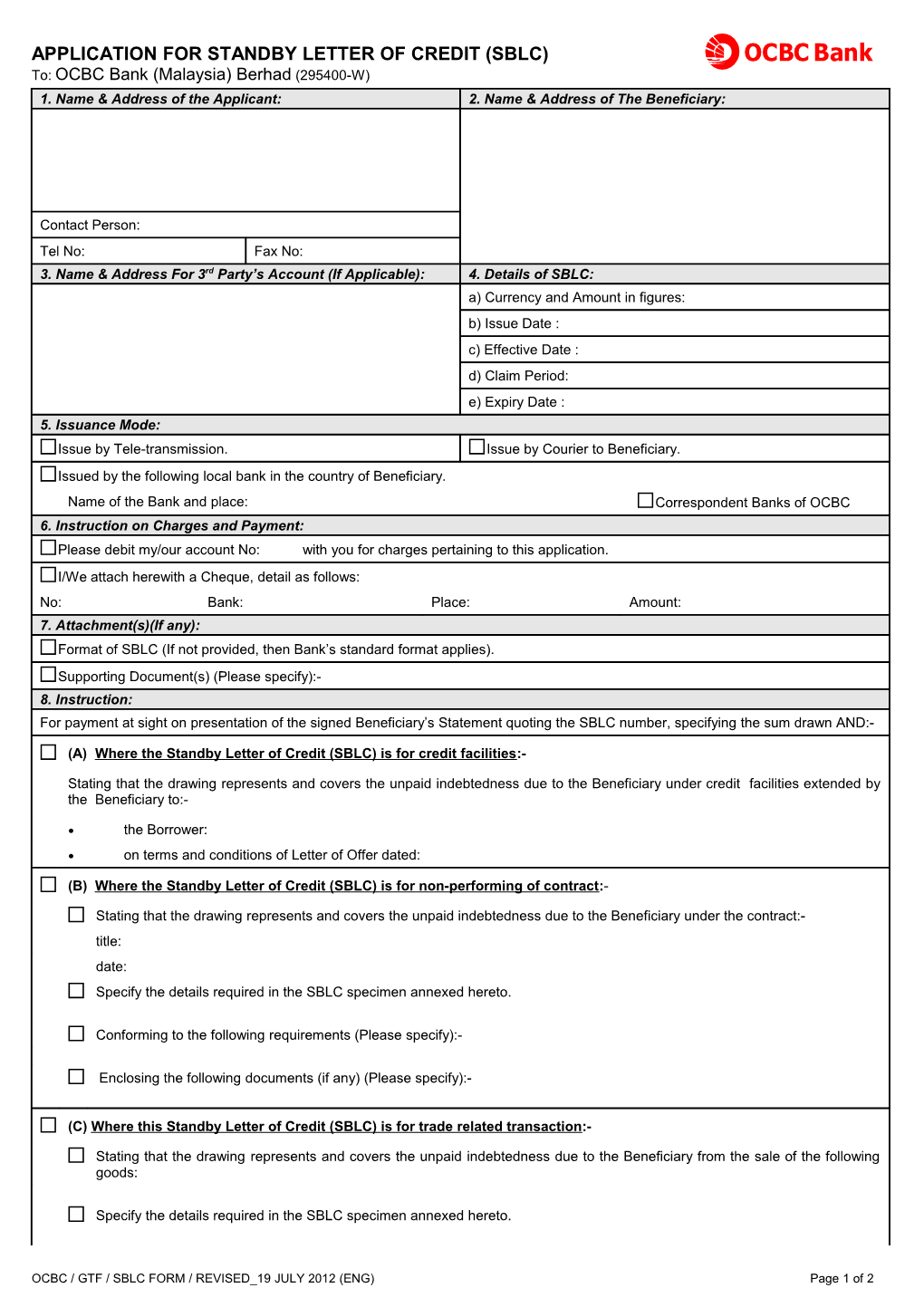 Application for Standby Letter of Credit