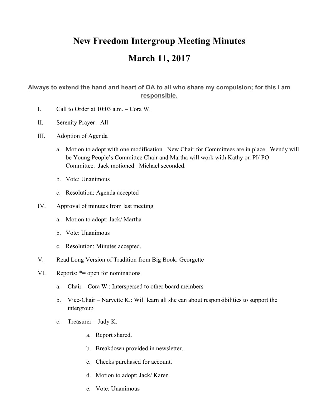 New Freedom Intergroup Meeting Minutes