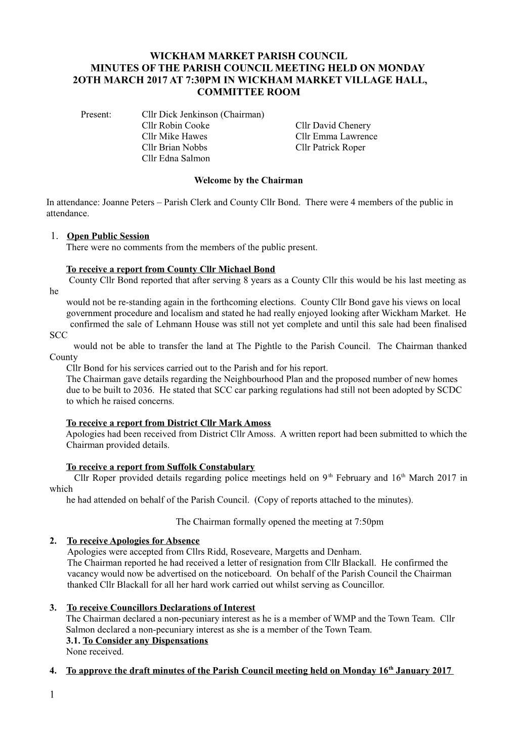 Minutes of the Parish Council Meeting Held on Monday