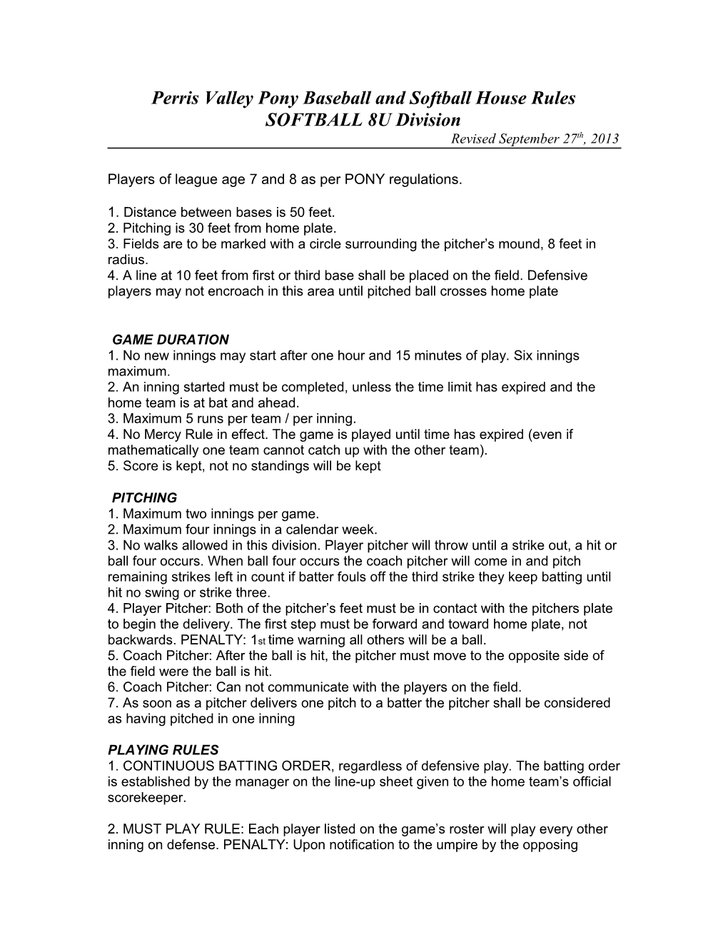 Softball 8U House Rules