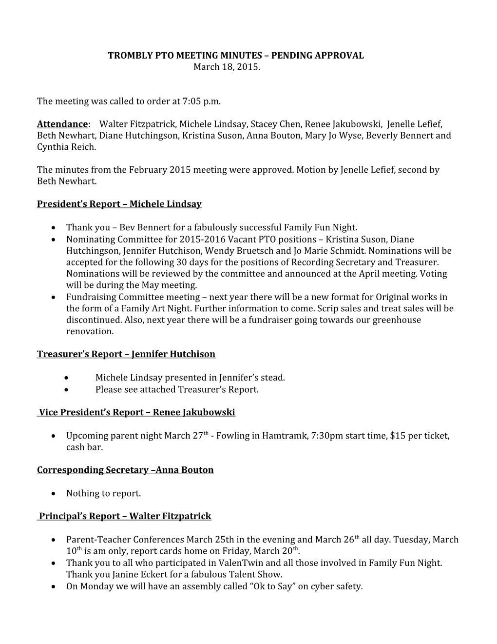 Trombly Pto Meeting Minutes Pending Approval