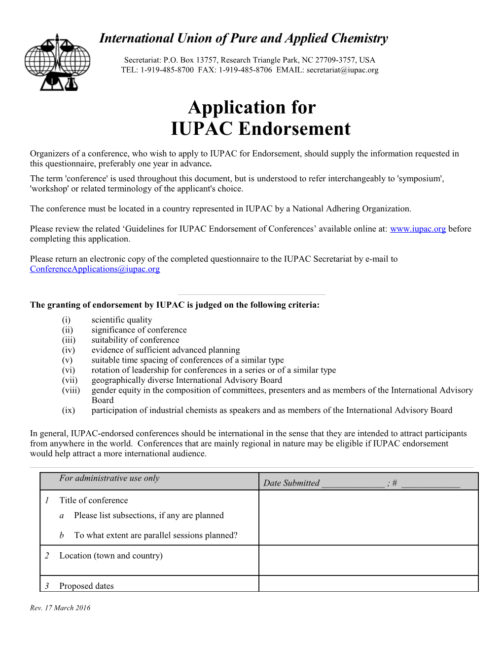 Application for IUPAC Endorsement