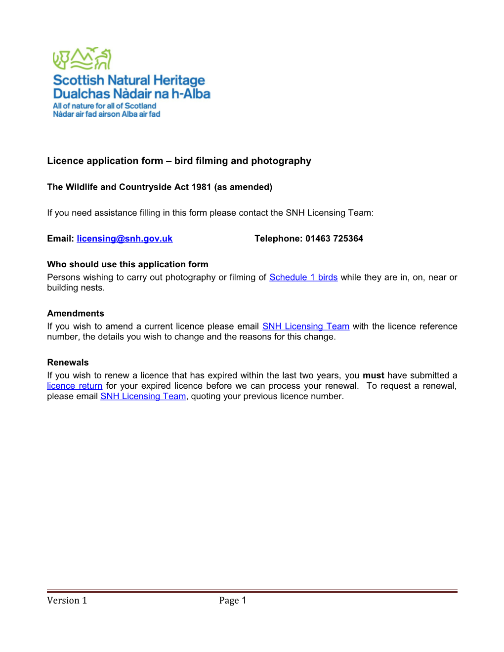 Licence Application Form Bird Filming and Photography