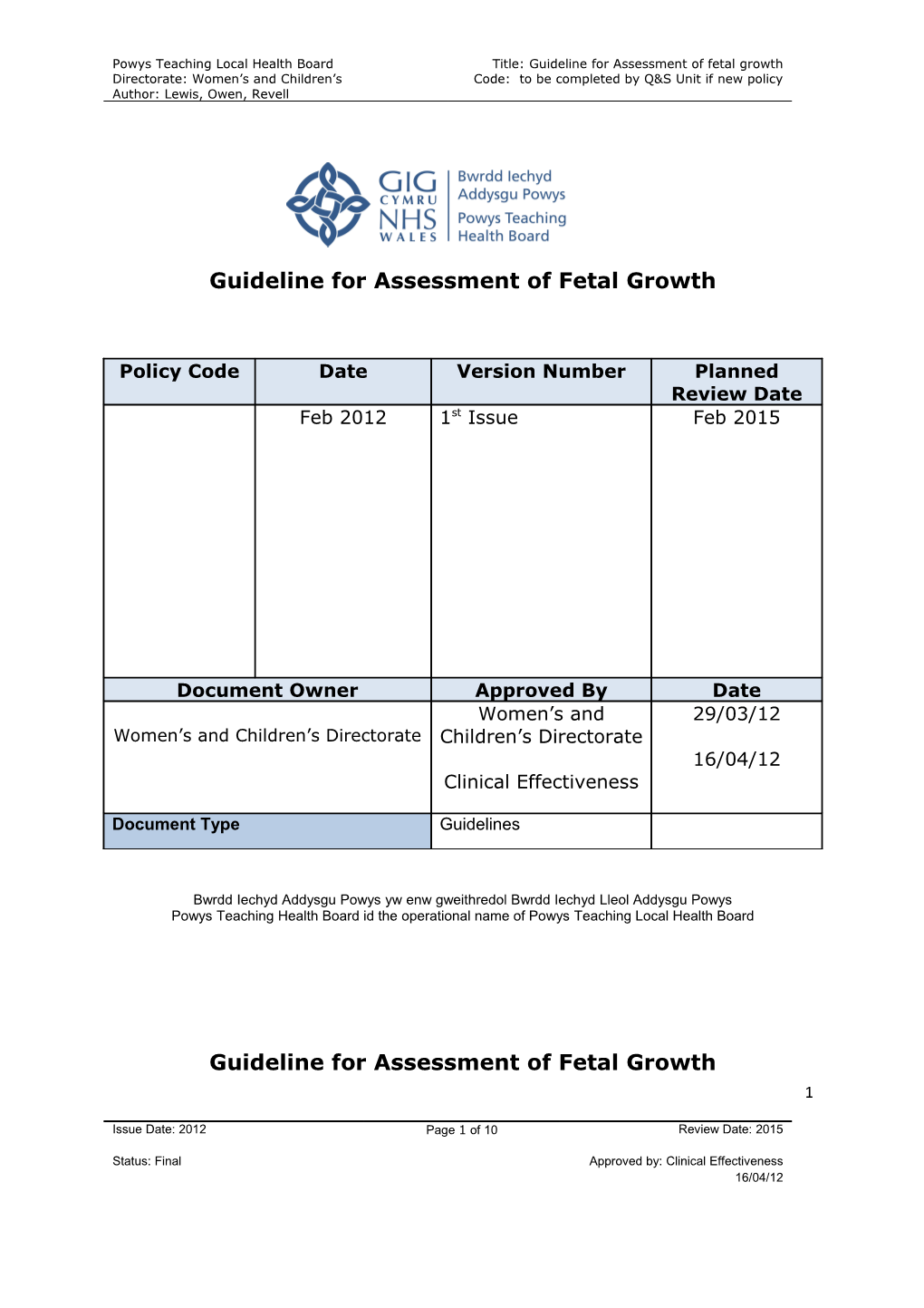 Guideline for Assessment of Fetal Growth