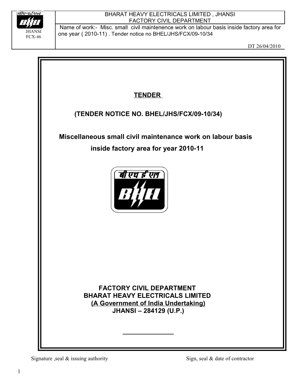 TENDER NOTICE No. BHEL/JHS/FCX/09-10/34