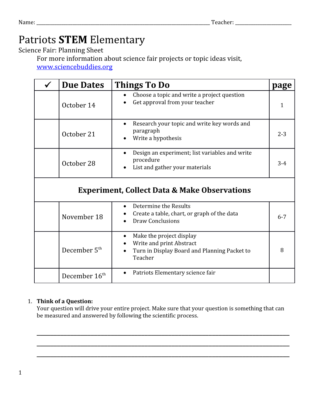 Science Fair: Planning Sheet