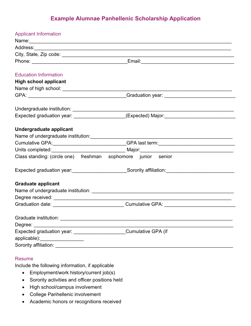 Example Alumnae Panhellenic Scholarship Application