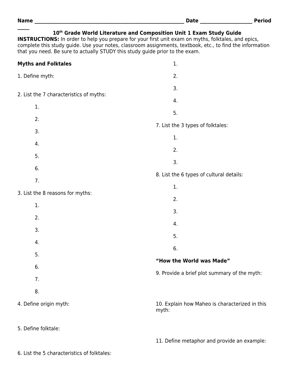10Th Grade World Literature and Composition Unit 1 Exam Study Guide
