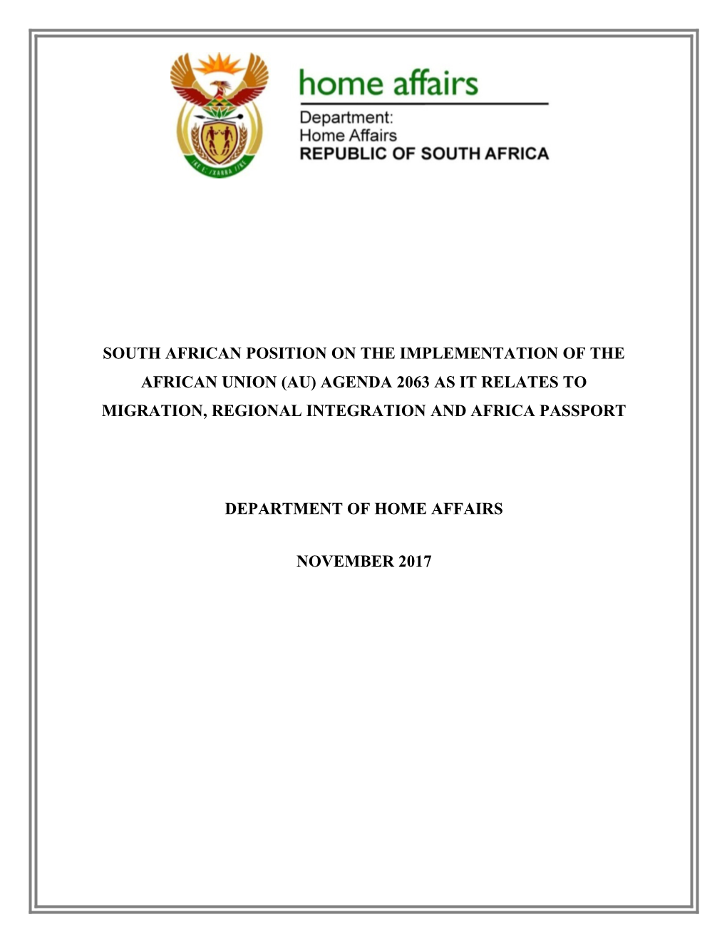 South African Position on the Implementation of the African Union (Au) Agenda 2063As It