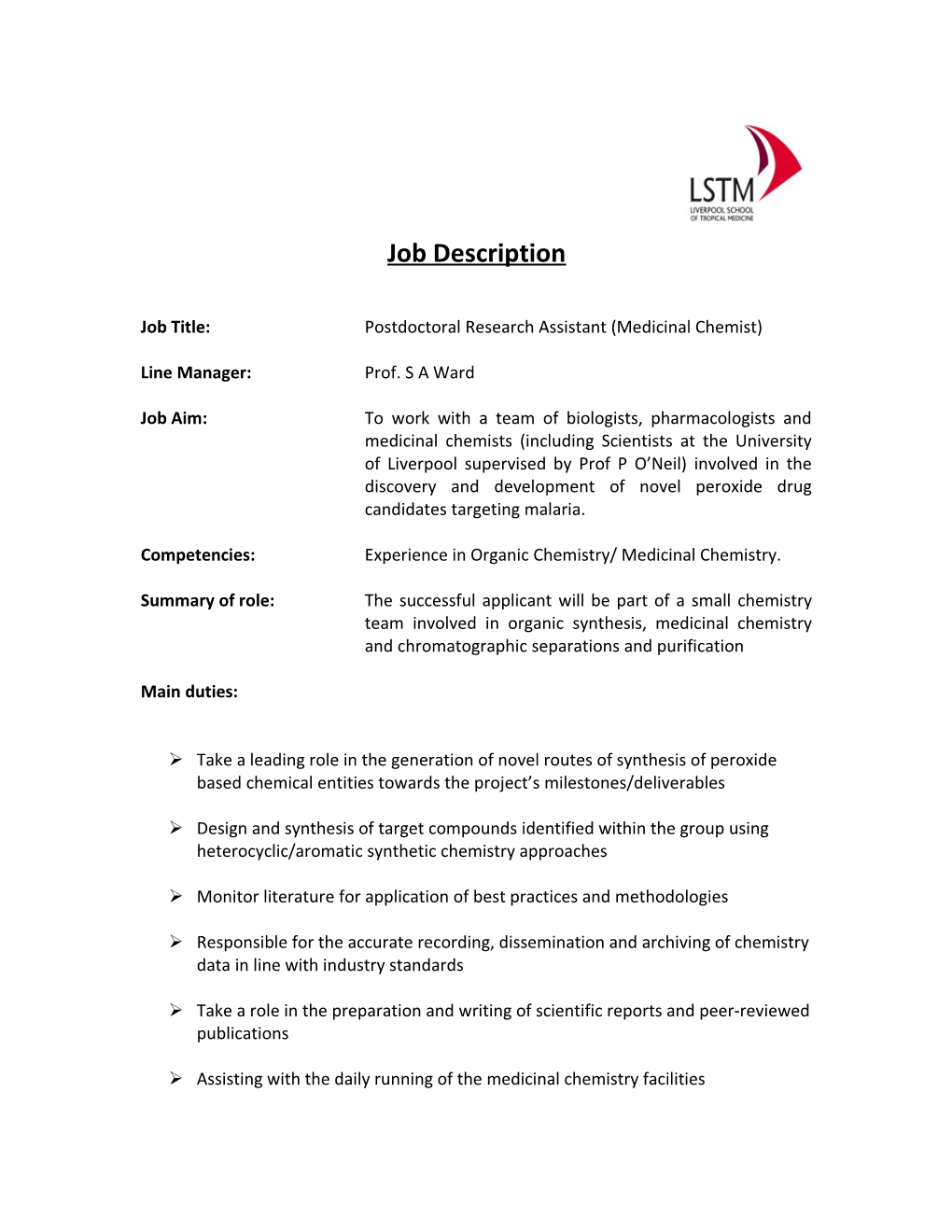 Job Title:Postdoctoral Research Assistant (Medicinal Chemist)