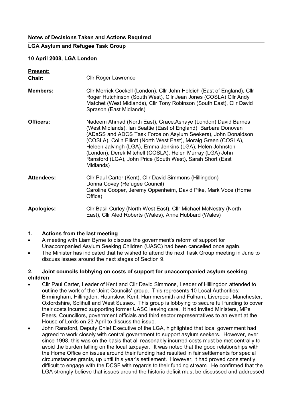 LGA Asylum Task Group 10 Apr 2008 Action Points