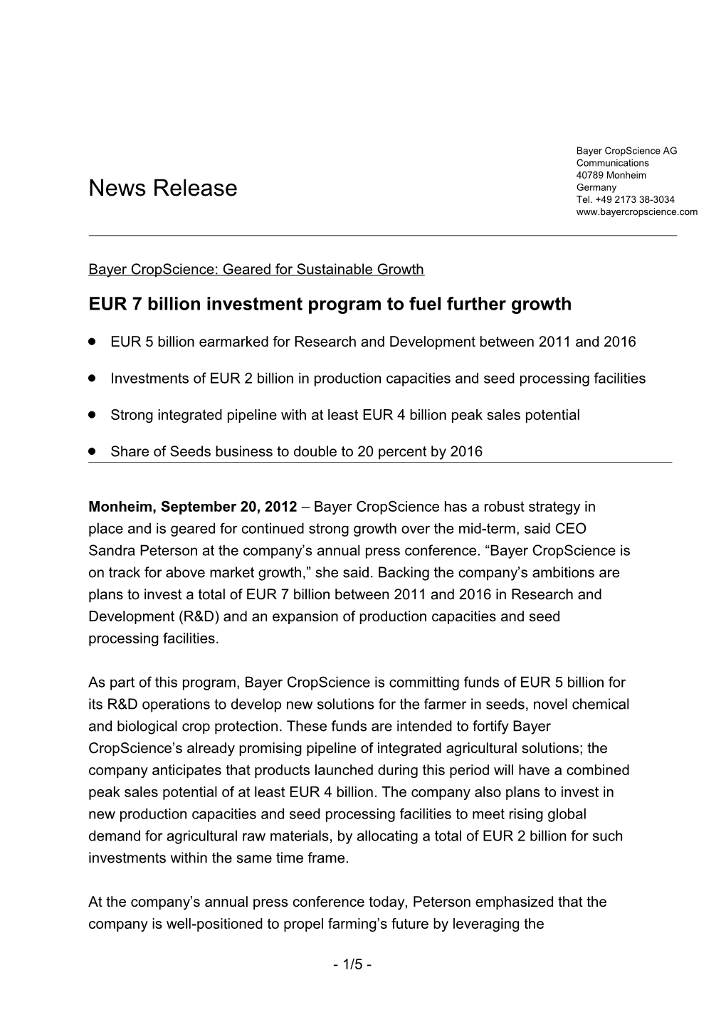 EUR 7 Billion Investment Program to Fuel Further Growth