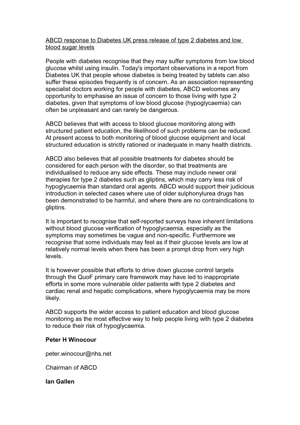 ABCD Response to Diabetes UK Press Release of Type 2 Diabetes and Low Blood Sugar Levels