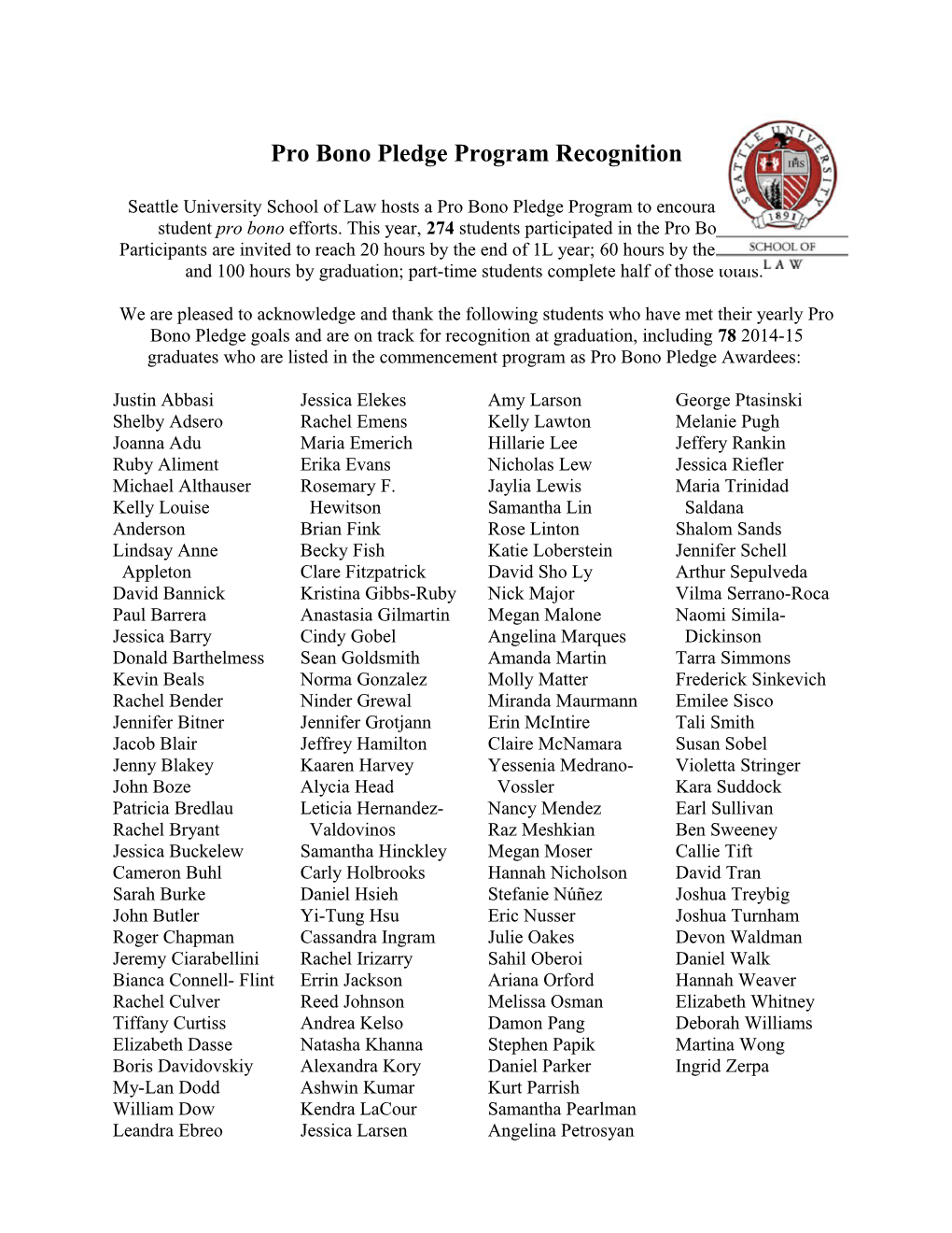 Pro Bono Pledge Program Recognition