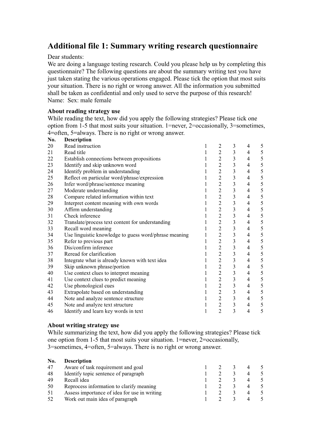 Additional File 1: Summary Writing Research Questionnaire