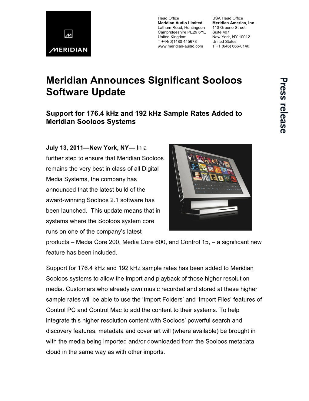 Meridian Announces Significant Sooloos Software Update