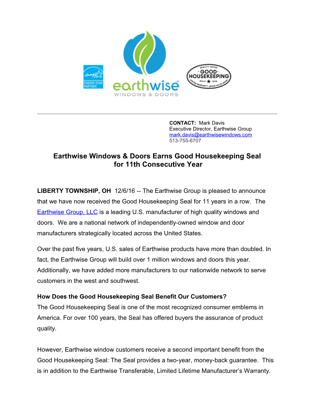 Earthwise Windows & Doors Earns Good Housekeeping Seal