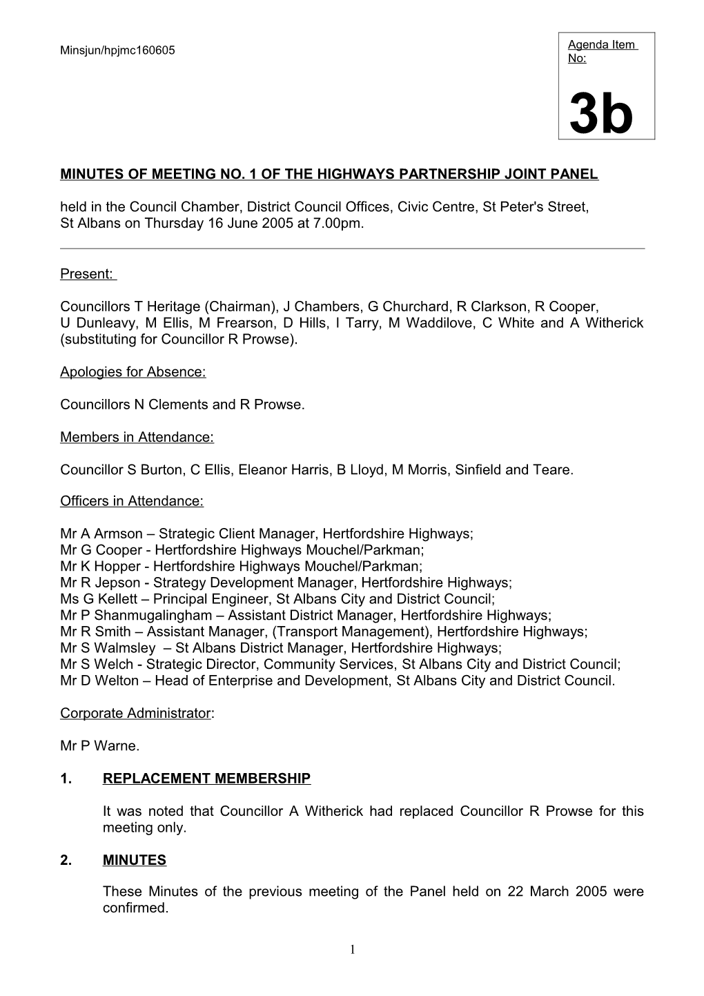 Minutes of Meeting No. 1 of the Highways Partnership Joint Panel