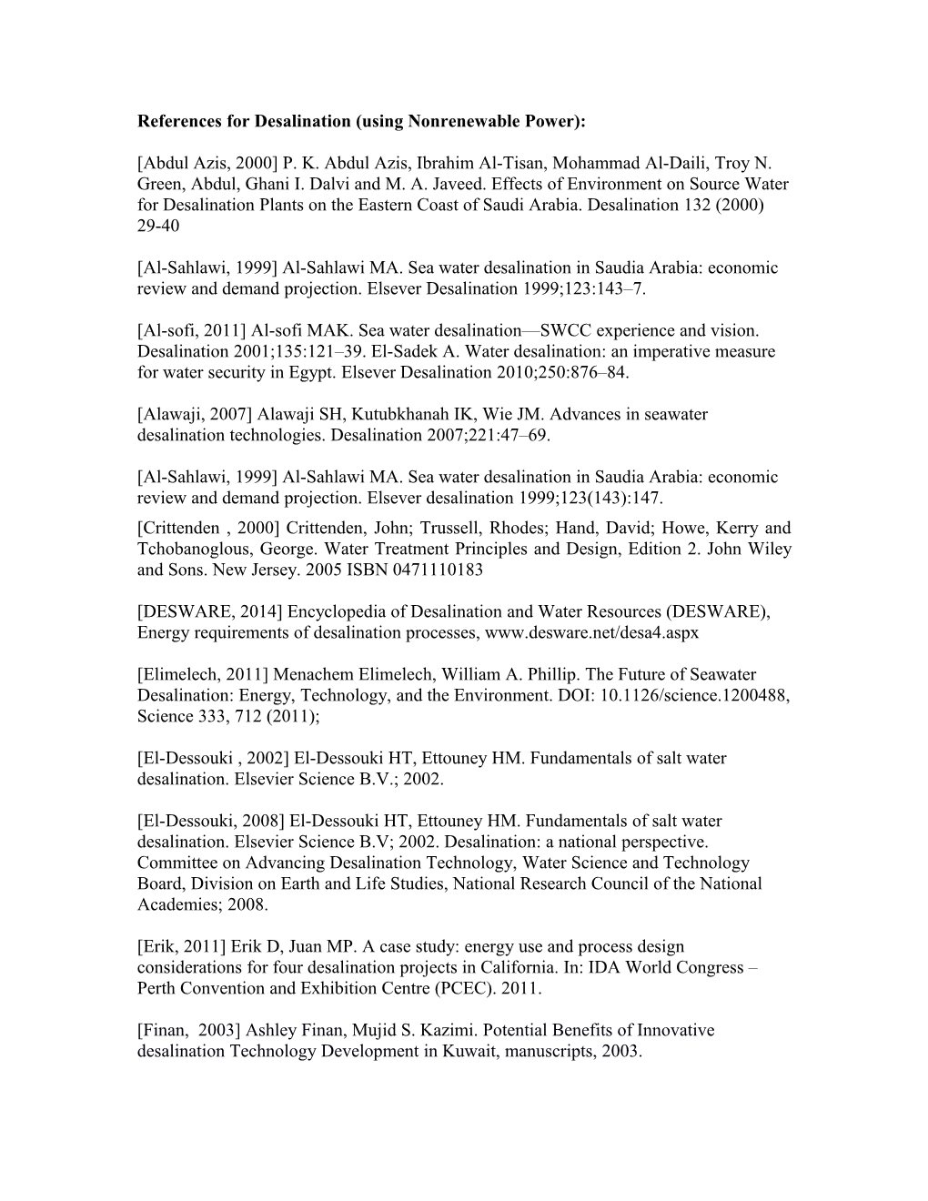 References for Desalination (Using Nonrenewable Power)