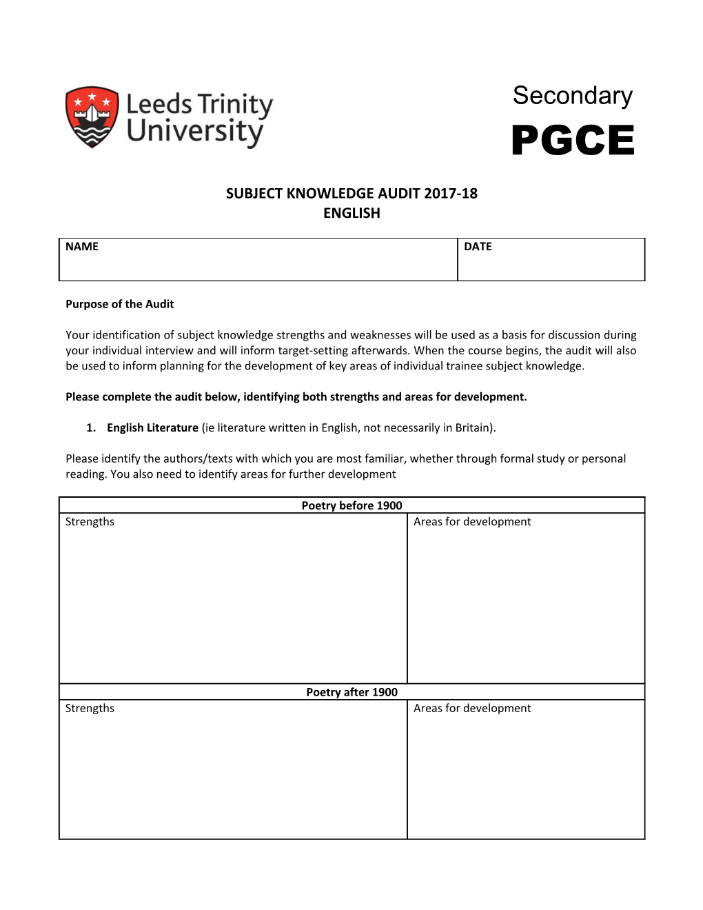 PGCE English Subject Knowledge Audit 2017-18