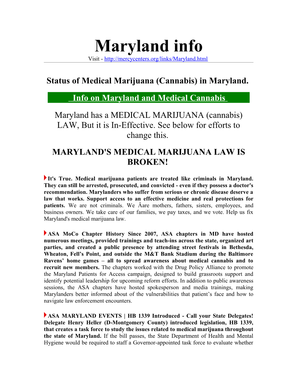 Status of Medical Marijuana (Cannabis) in Maryland