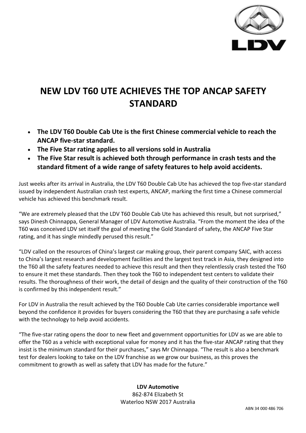 NEW LDV T60 UTE ACHIEVES the TOP ANCAP SAFETY Standard