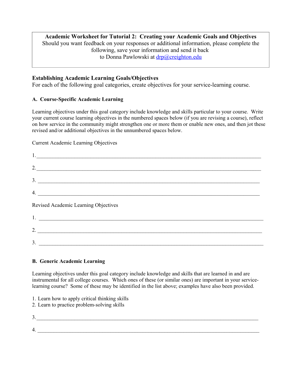 WORKSHEET 1 Establishing Academic Learning Objectives