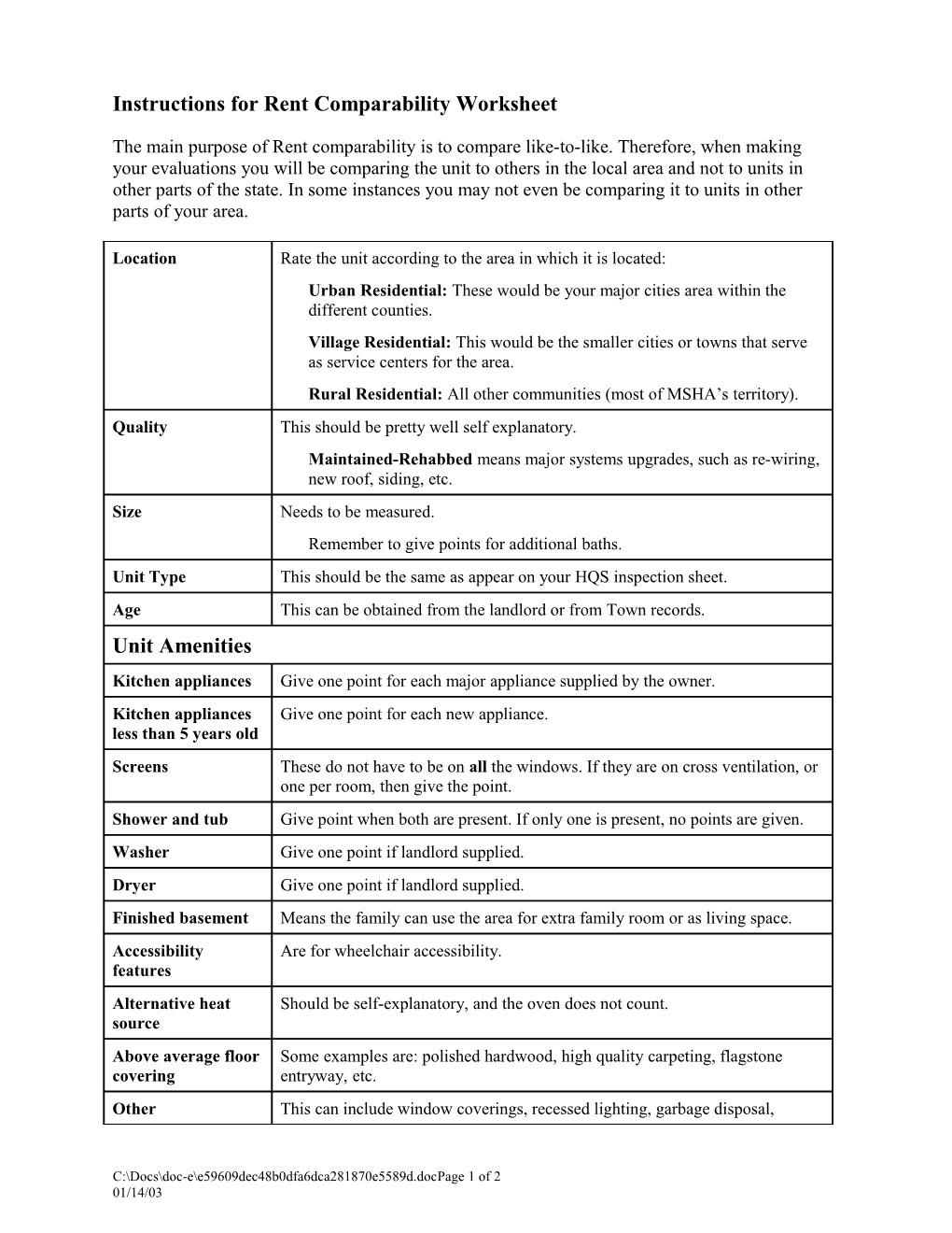 Instructions for Rent Comparability Worksheet