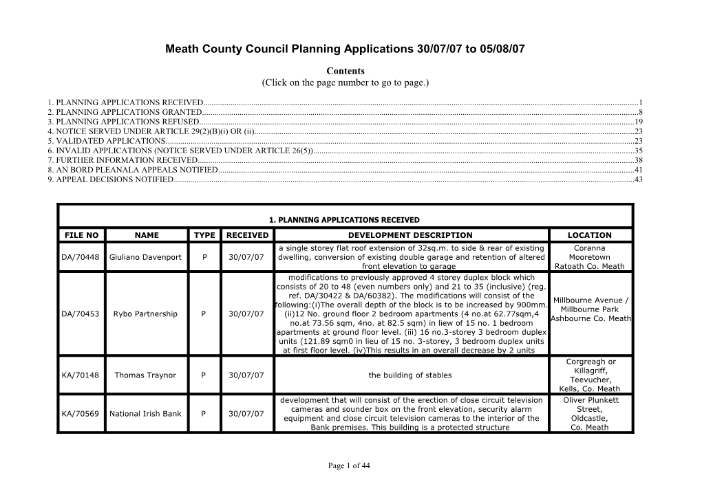 Meathcounty Council Planning Applications 30/07/07 to 05/08/07