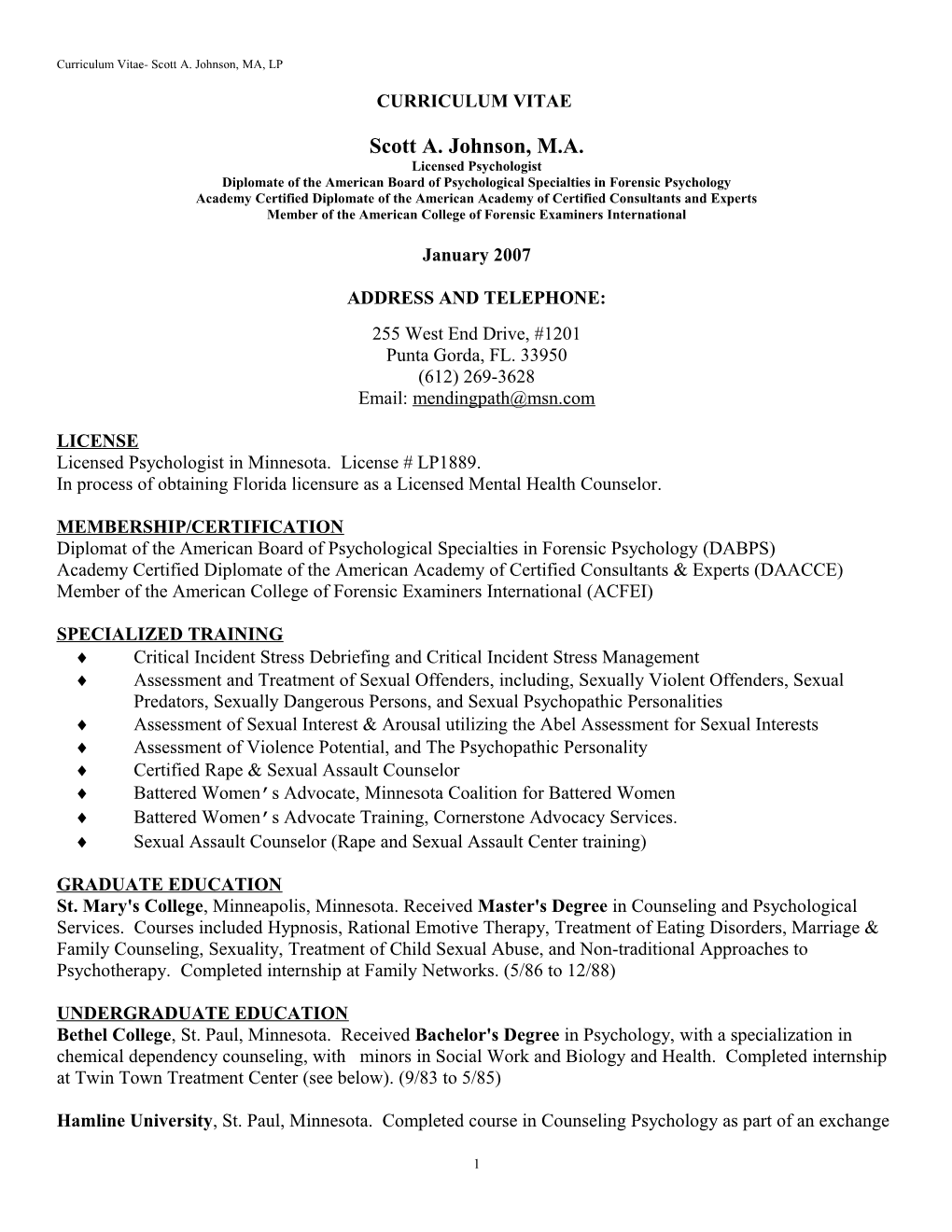 Curriculum Vitae- Scott A. Johnson, MA, LP