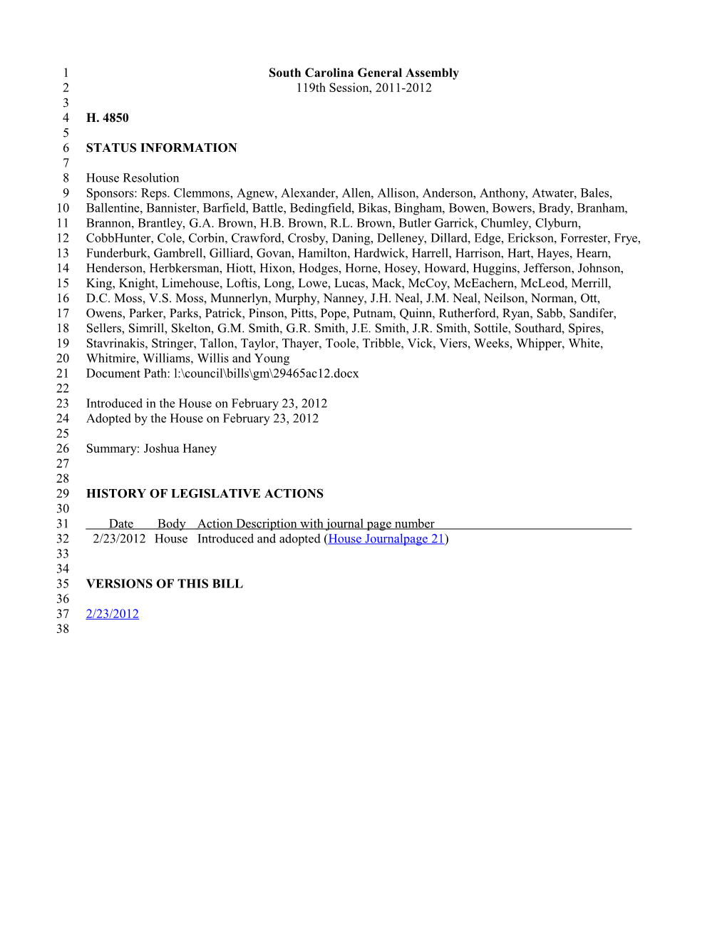 2011-2012 Bill 4850: Joshua Haney - South Carolina Legislature Online