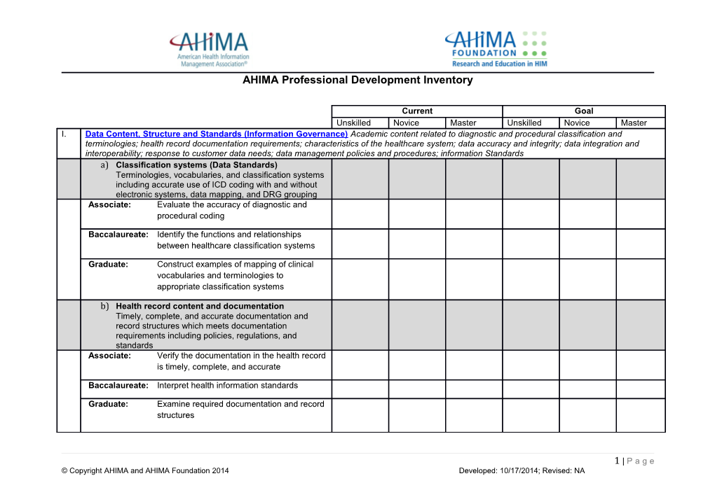 AHIMA Professional Development Inventory
