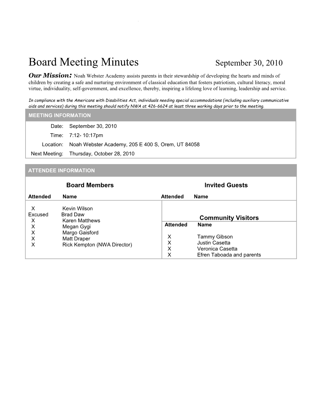 Board Meeting Agenda August 26, 2009