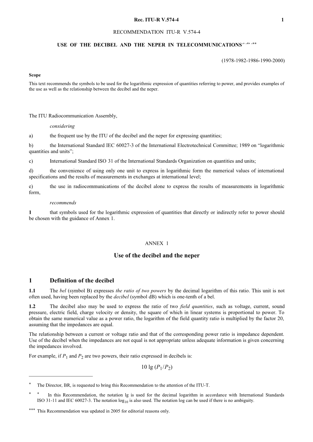 V.574-4 - Use of the Decibel and the Neper in Telecommunications