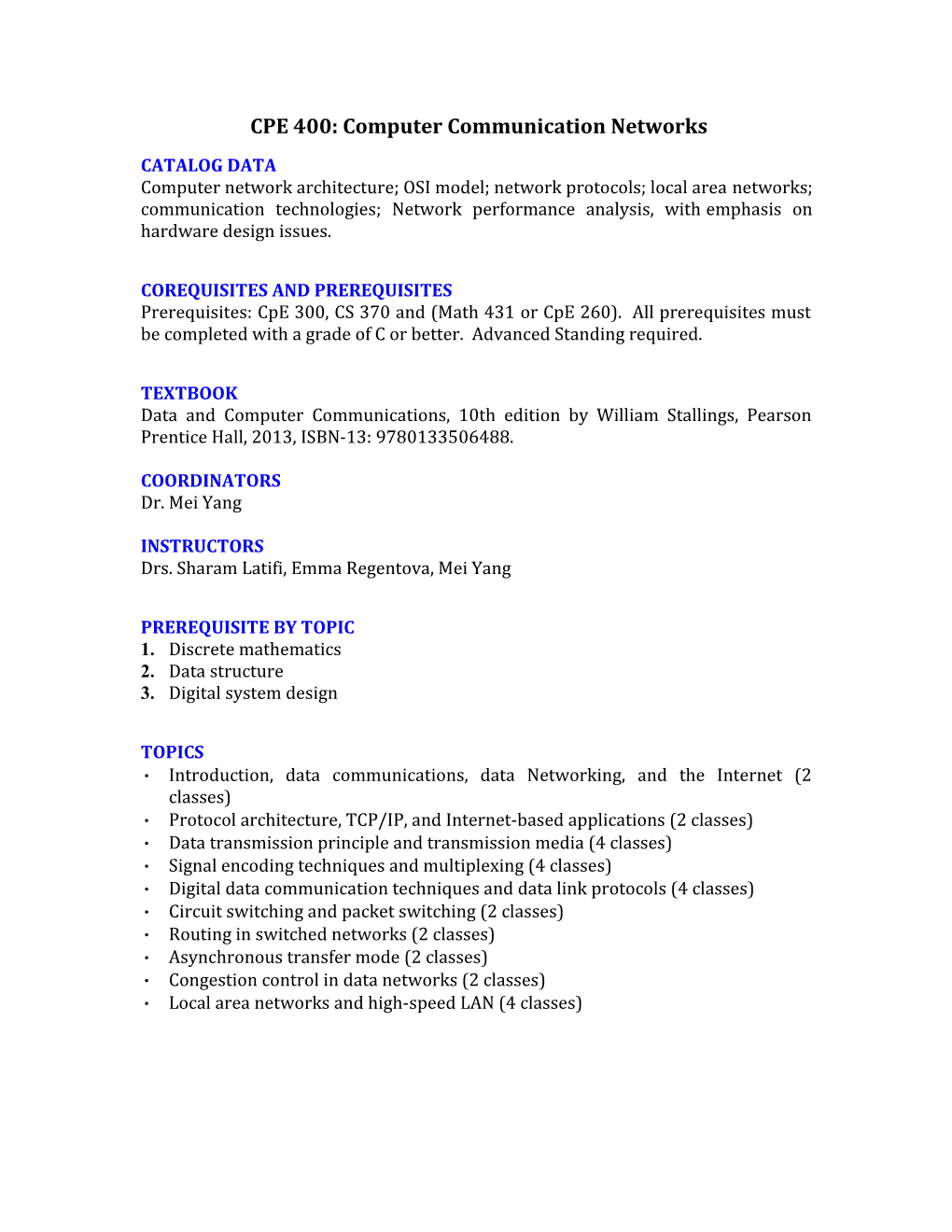 CPE 400: Computer Communication Networks