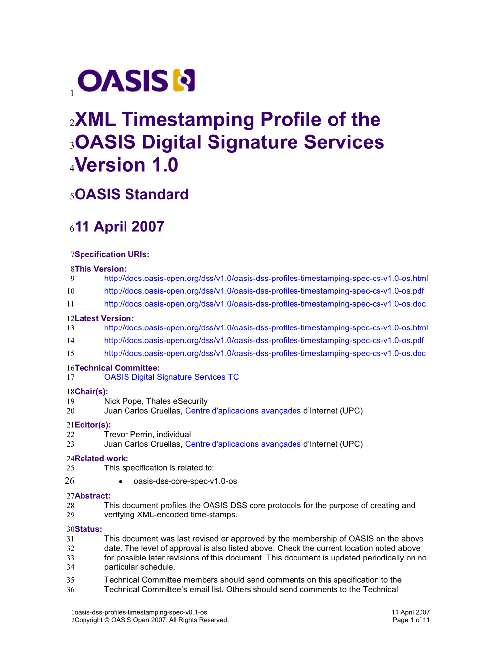 XML Timestamping Profile of the OASIS Digital Signature Services Version 1.0