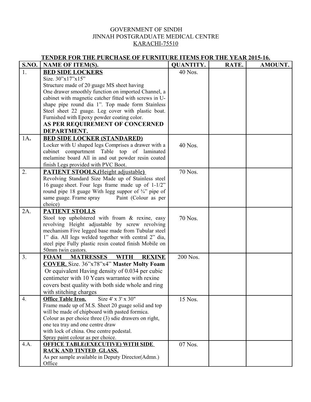Tender for the Purchase of Furniture Items for the Year 2015-16