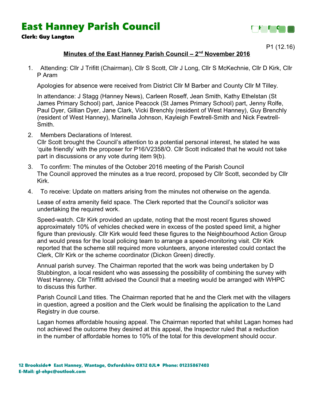 Minutes of the East Hanney Parish Council 2Nd November 2016