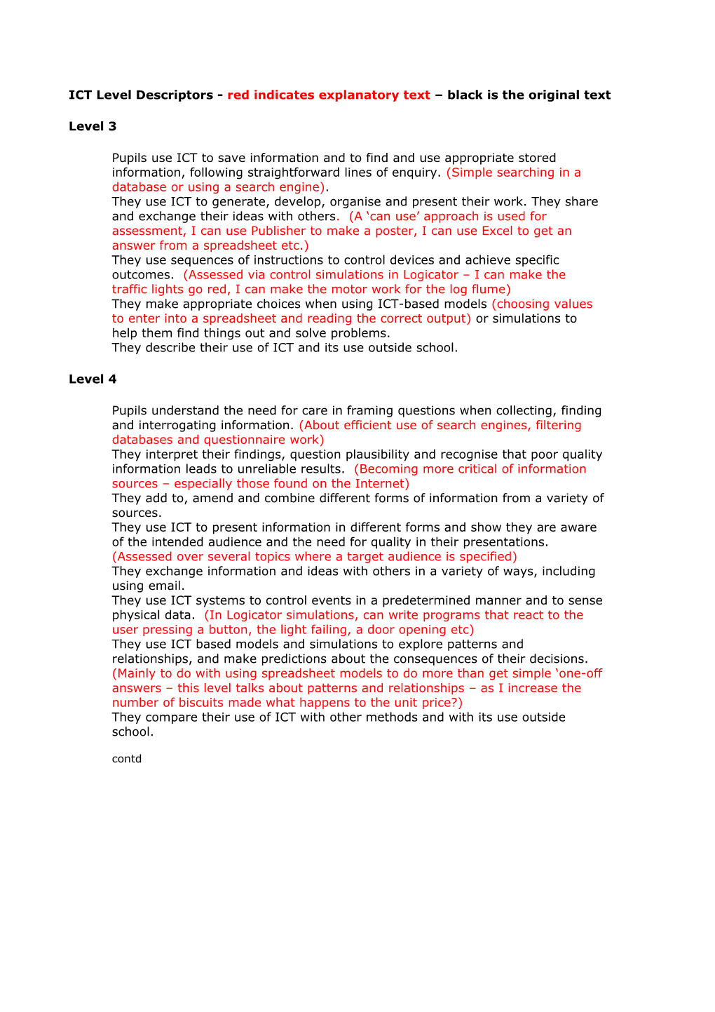 ICT Level Descriptors - Red Indicates Explanatory Text Black Is the Original Text